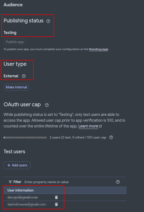 Configuration of the OAuth app