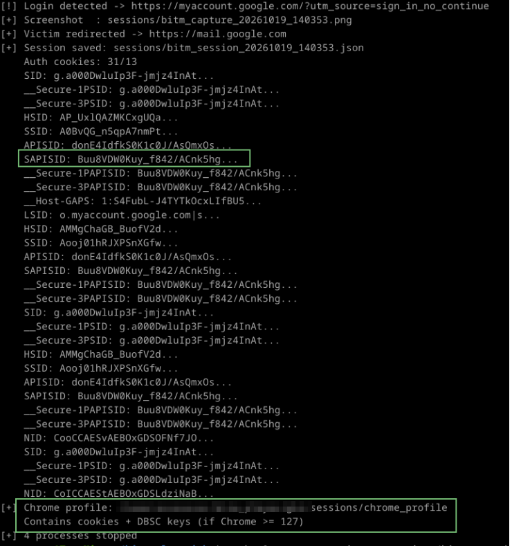 Cookies extraction after the BitM authentication