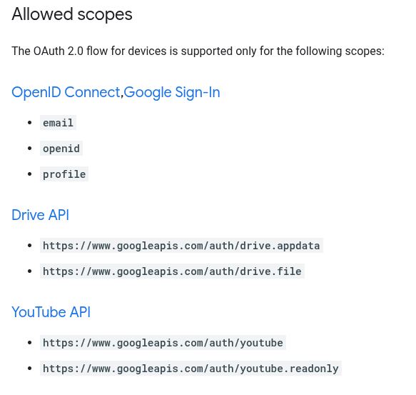 Code device authorized scopes