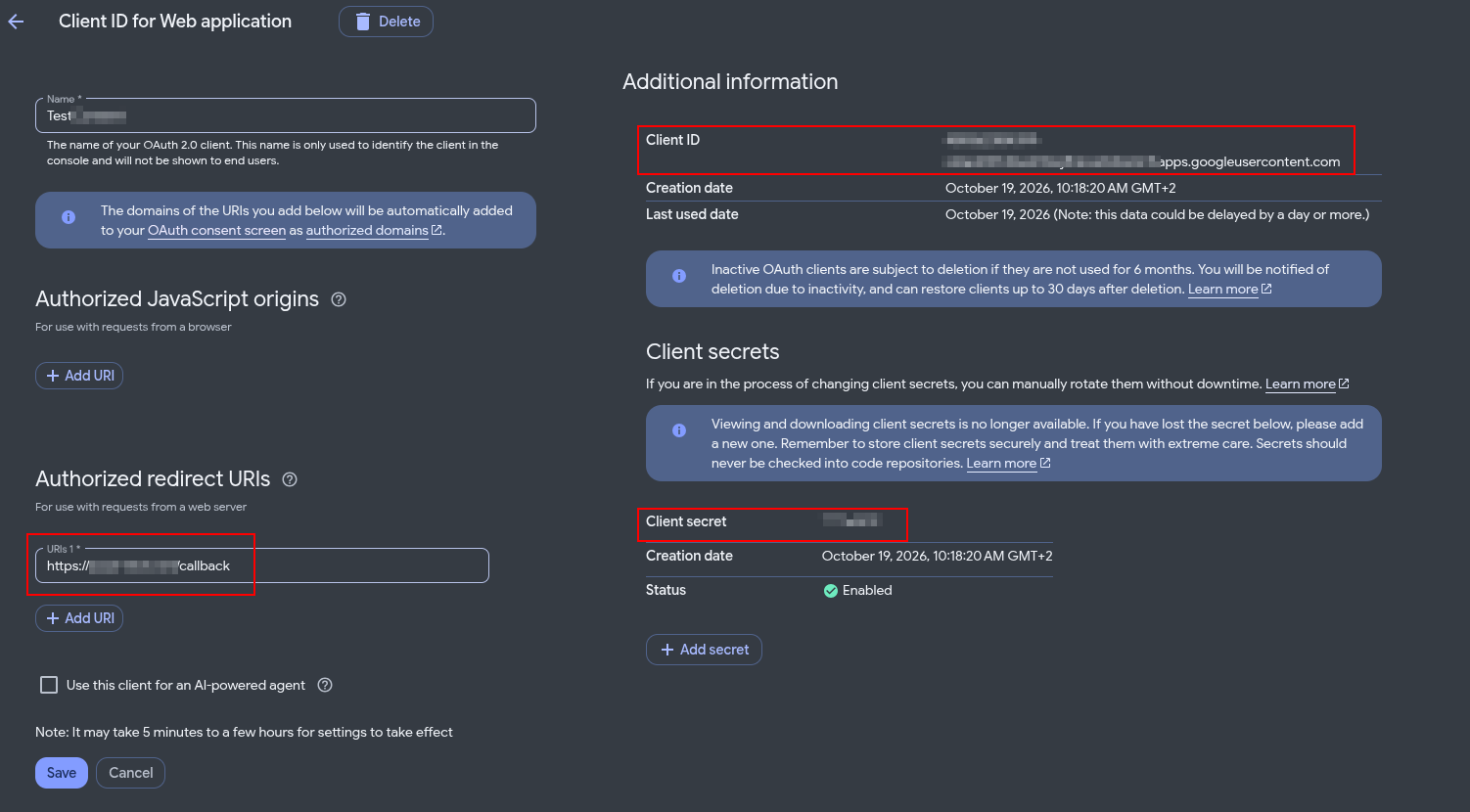 Configuration of the OAuth app