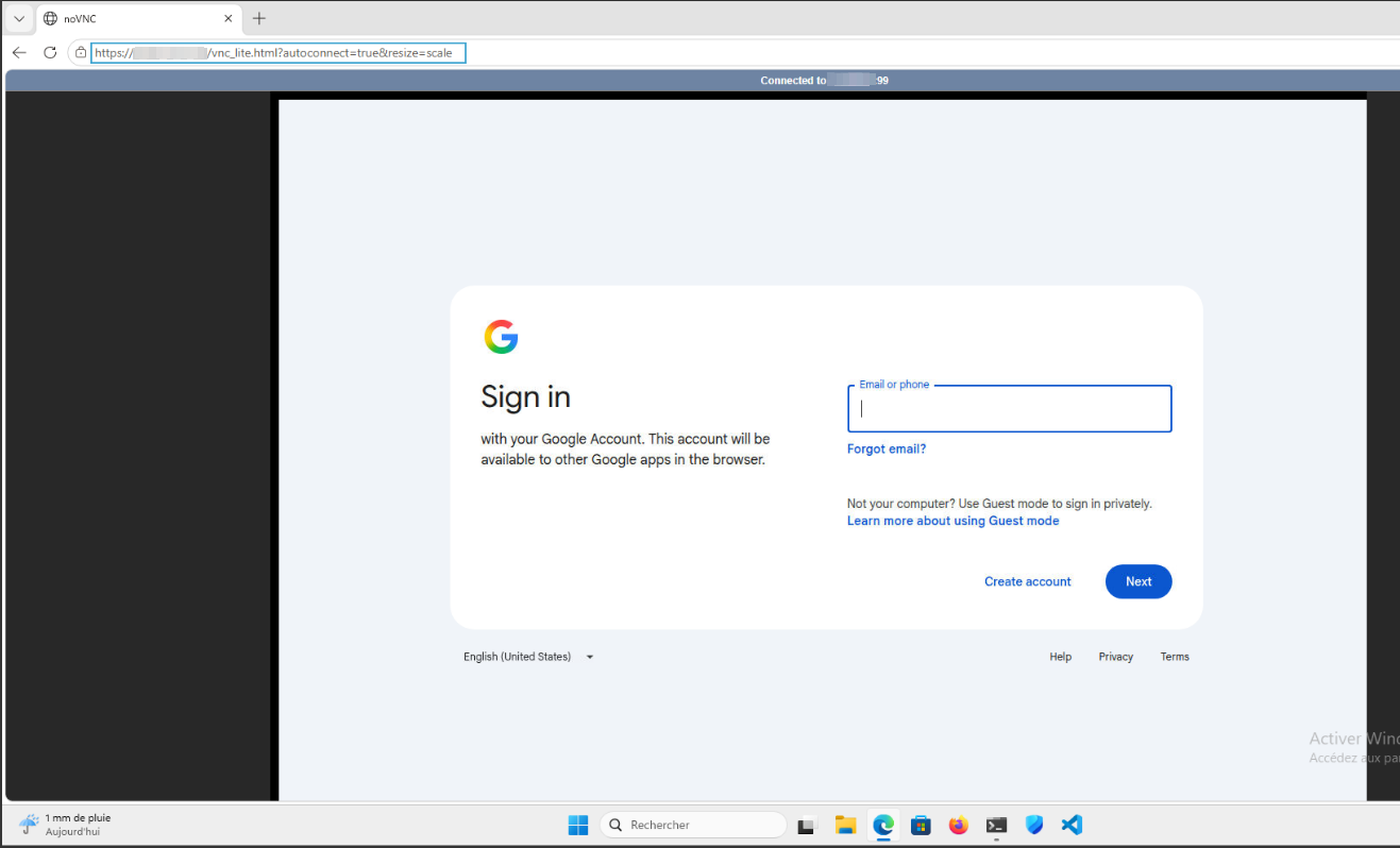 Google sign-in page through noVNC